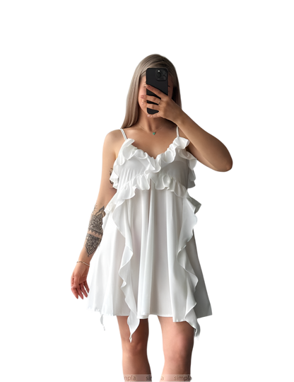White Boho Ruffle Mini Dress with Adjustable Straps