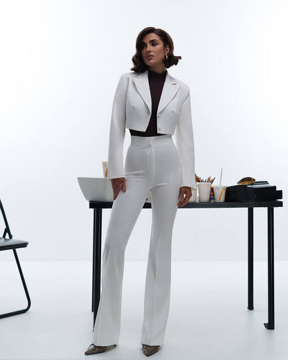 Premium Diagonal Crepe Women's Suit Blazer with Lining and Trousers in White