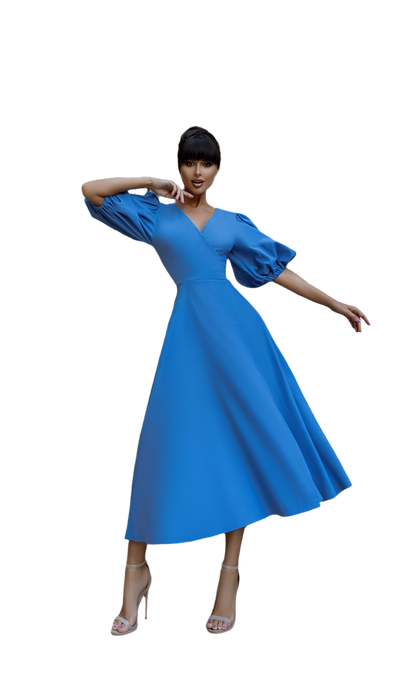 Elegant Linen Sundress with Puff Sleeves in Electric Blue