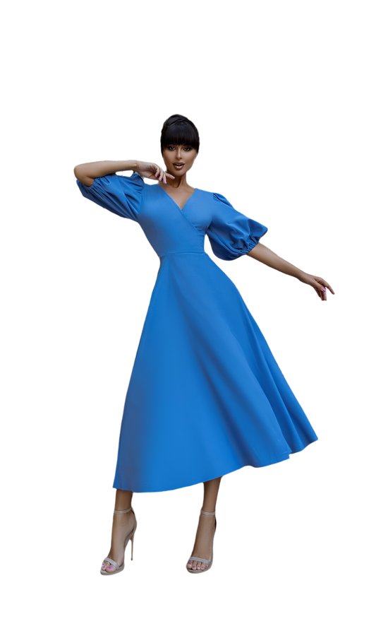 Elegant Linen Sundress with Puff Sleeves in Electric Blue