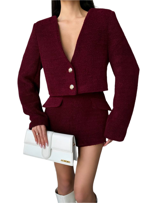 Stylish Burgundy Fluffy Crop Jacket and Skort Set for Women