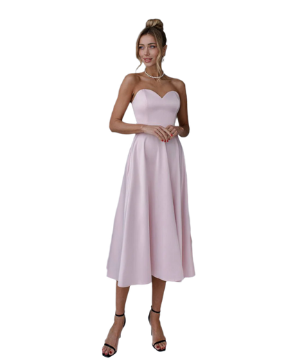 Elegant Strapless Midi Dress in Soft Colors for Wedding or Party