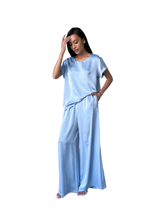 Luxury Satin Women Suit Wide Leg Pants and Short Sleeve Top Set