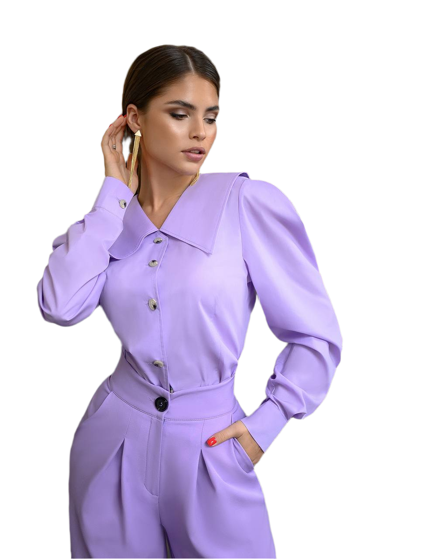 Stylish Violet Shirt Dress with Puff Sleeves and Button Closure
