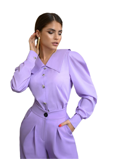 Stylish Violet Shirt Dress with Puff Sleeves and Button Closure