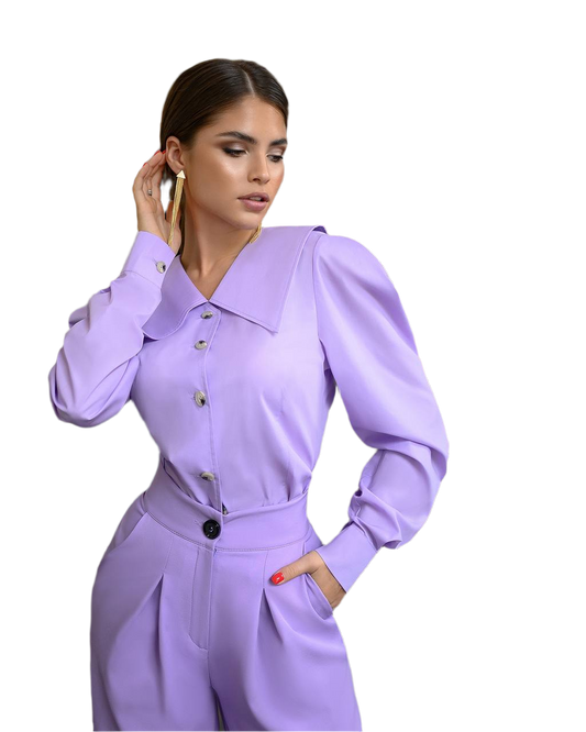 Stylish Violet Shirt Dress with Puff Sleeves and Button Closure