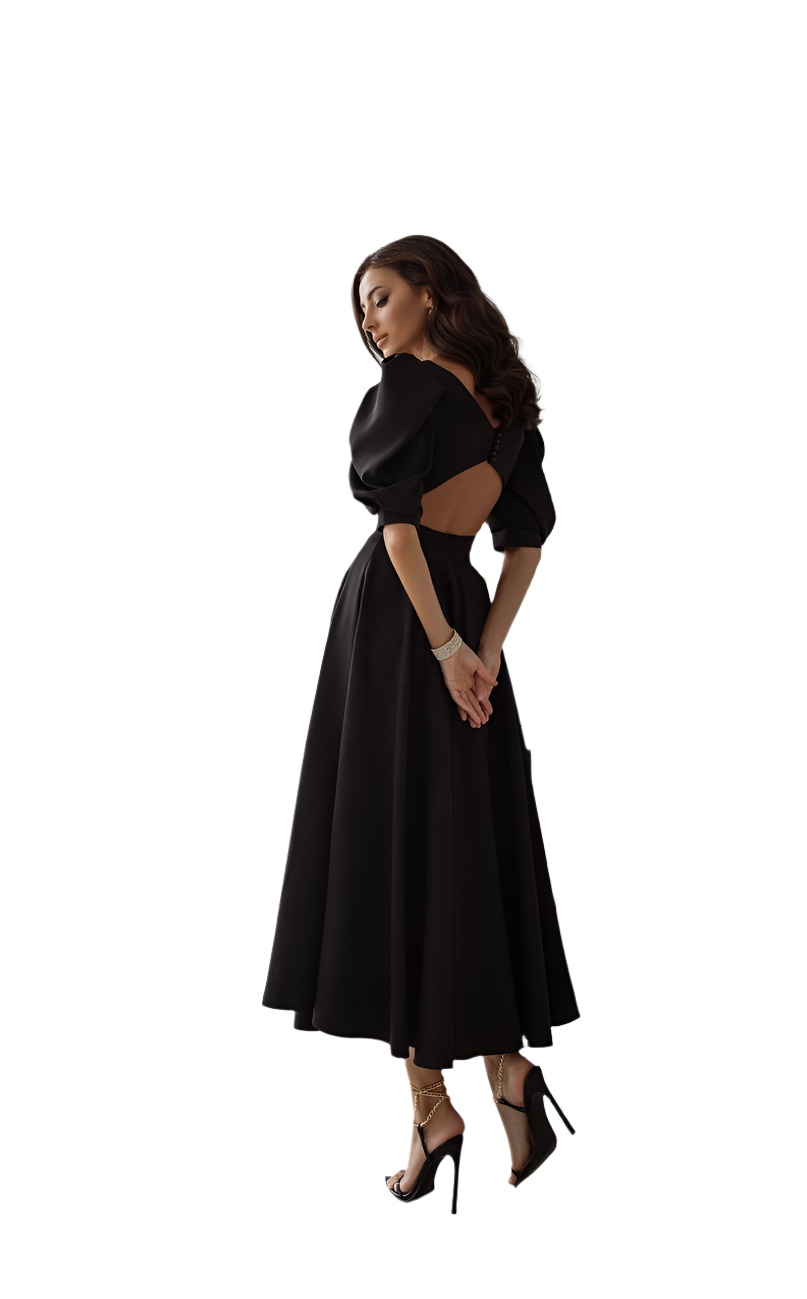 Elegant Diagonal Crepe Black Dress with Puff Sleeves and Open Back