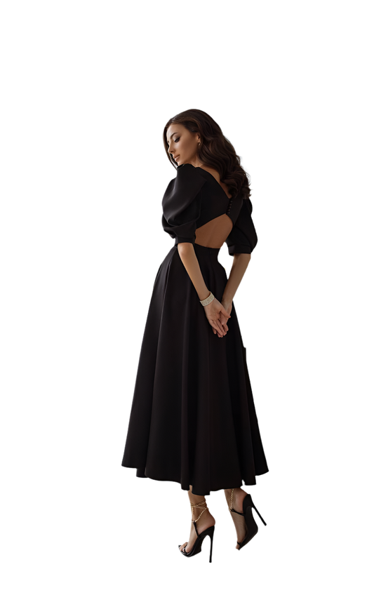 Elegant Diagonal Crepe Black Dress with Puff Sleeves and Open Back