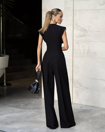 Womens Tailored Wide Leg Jumpsuit with Keyhole Neckline