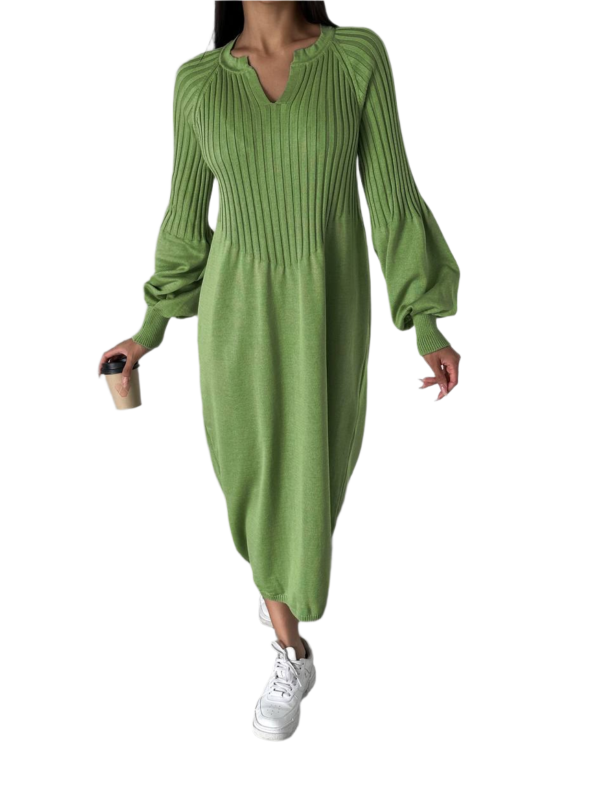 Green Knitted Midi Dress with Balloon Sleeves for Women