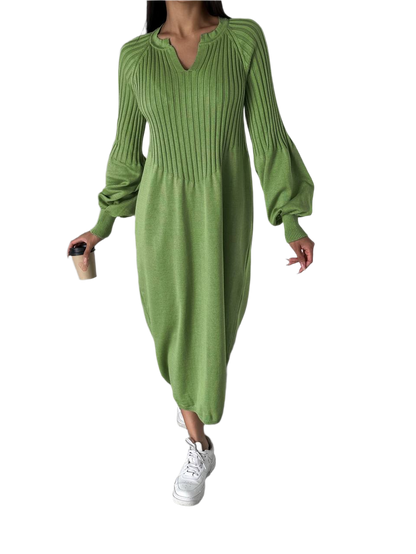 Green Knitted Midi Dress with Balloon Sleeves for Women