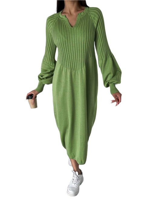 Green Knitted Midi Dress with Balloon Sleeves for Women