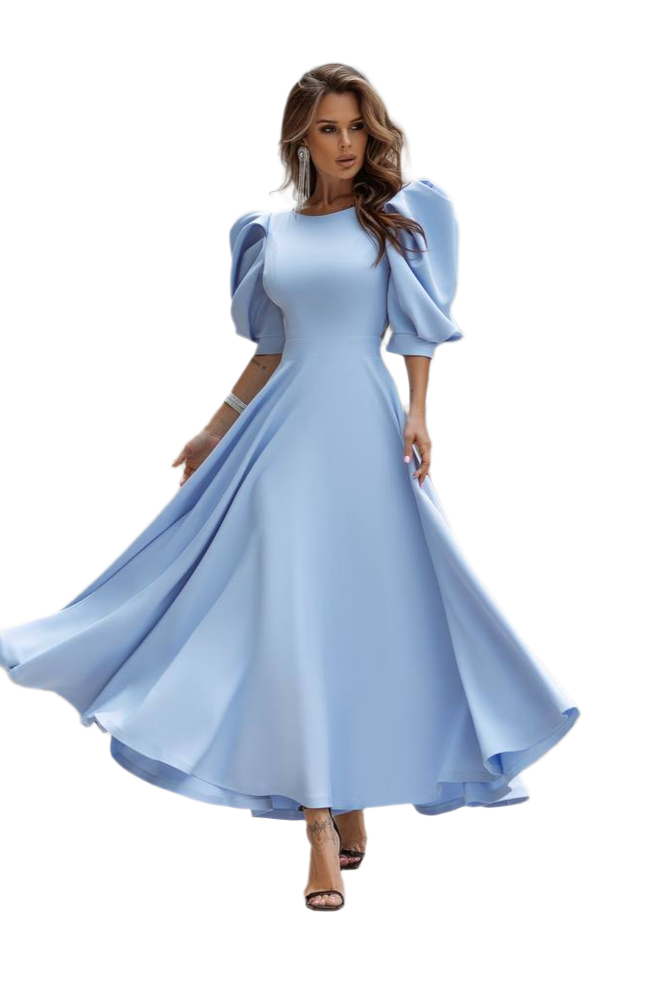 Elegant Diagonal Crepe Evening Dress with Puff Sleeves in Sky Blue