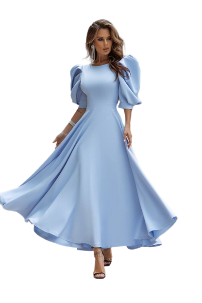 Elegant Diagonal Crepe Evening Dress with Puff Sleeves in Sky Blue