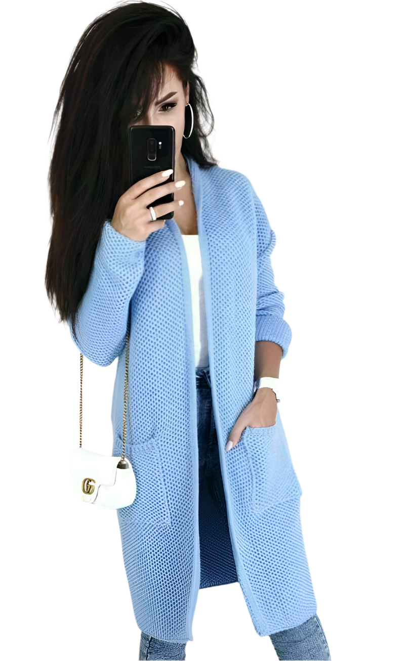 Women Long Knit Cardigan Sweater Light Blue