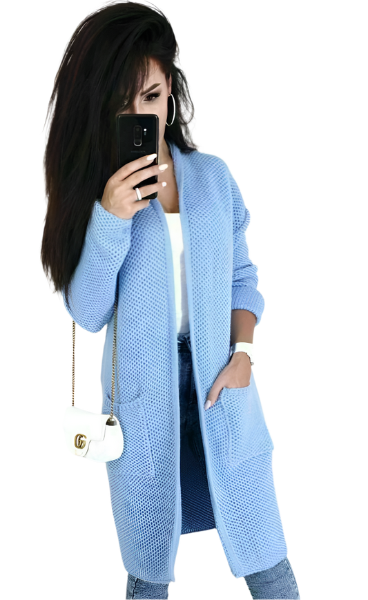 Women Long Knit Cardigan Sweater Light Blue