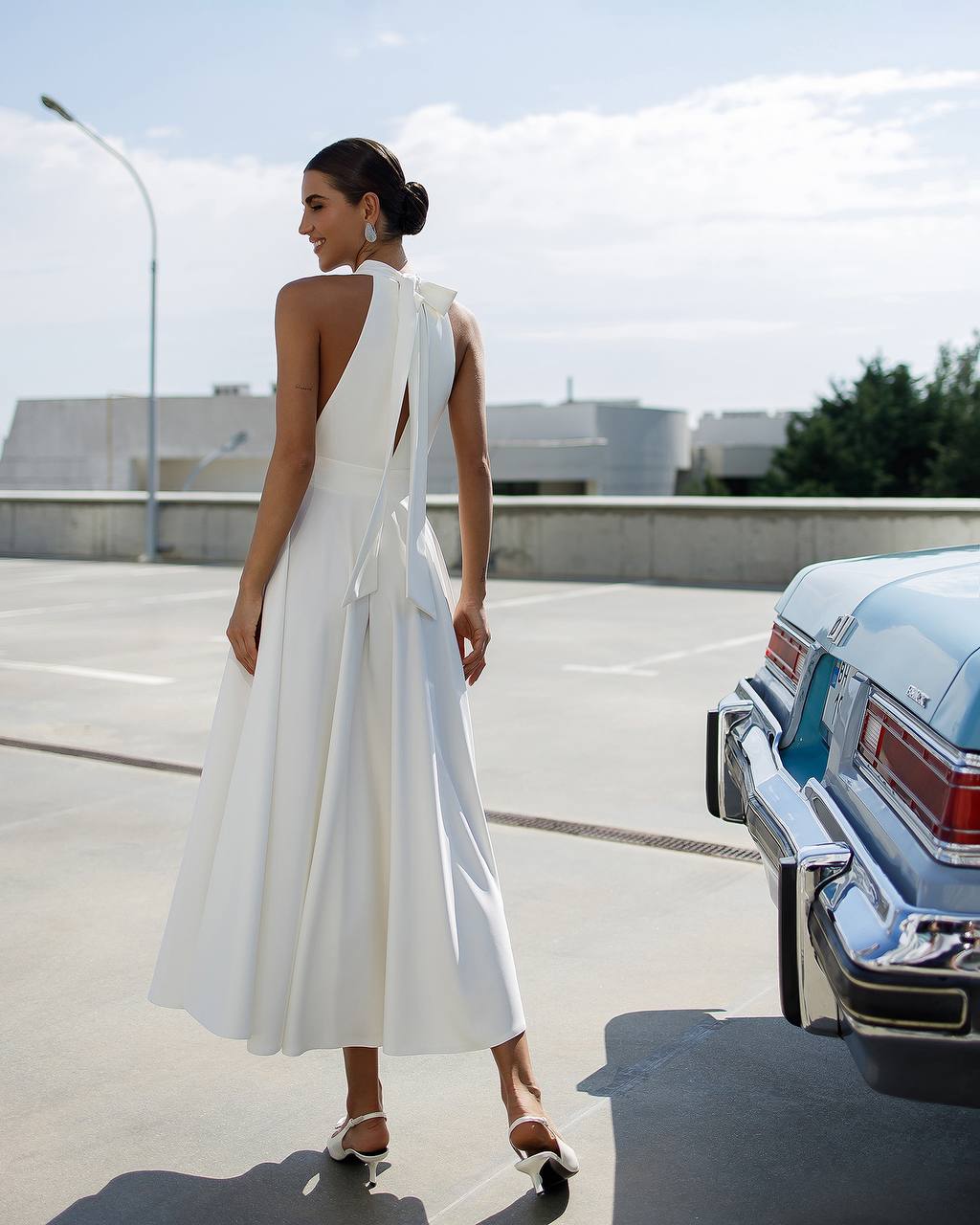Elegant White Midi Dress for Women Premium Crepe Diagonal Fabric