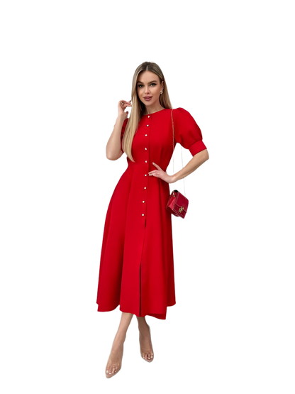 Elegant Red Midi Dress with Button Front and Puff Sleeves