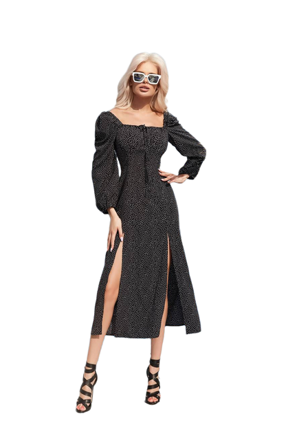 Soft Fabric Midi Dress with Puff Sleeves and Side Slits