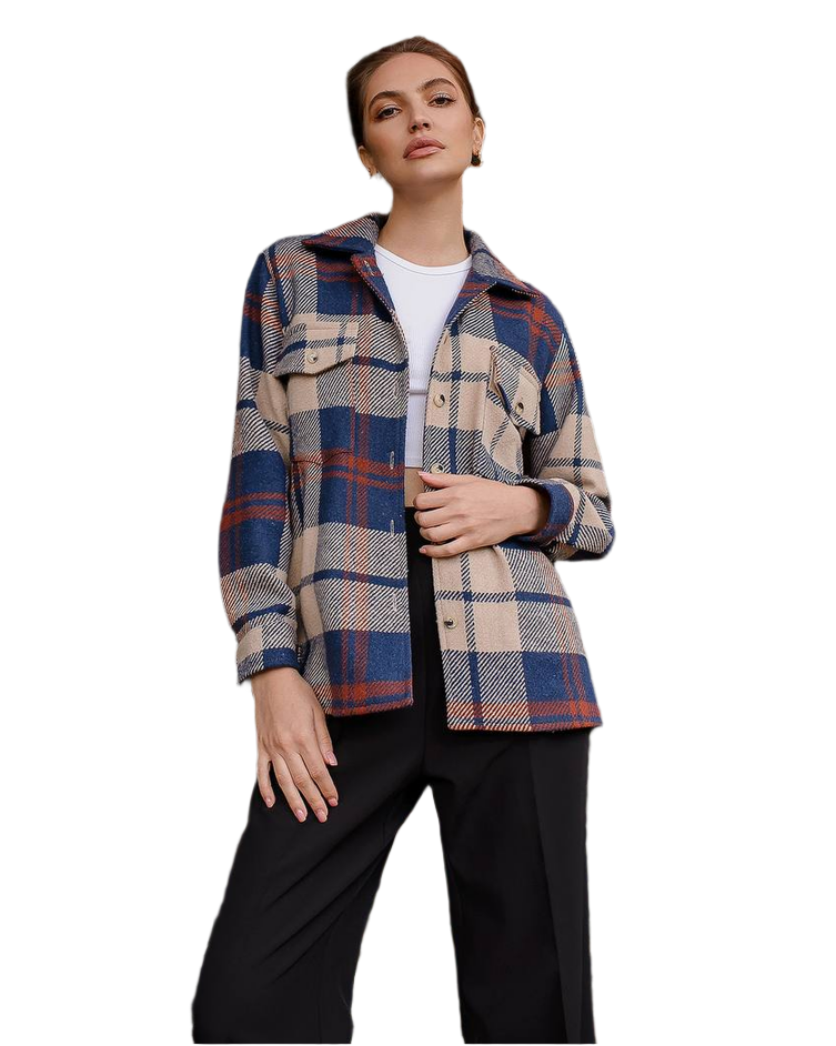 Womens Checked Cashmere Wool Shirt Jacket Blue Beige