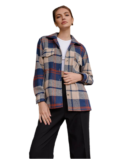 Womens Checked Cashmere Wool Shirt Jacket Blue Beige