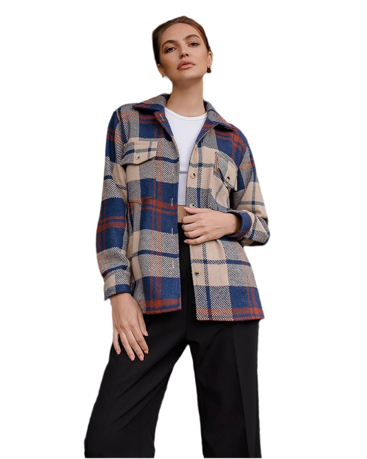 Womens Checked Cashmere Wool Shirt Jacket Blue Beige