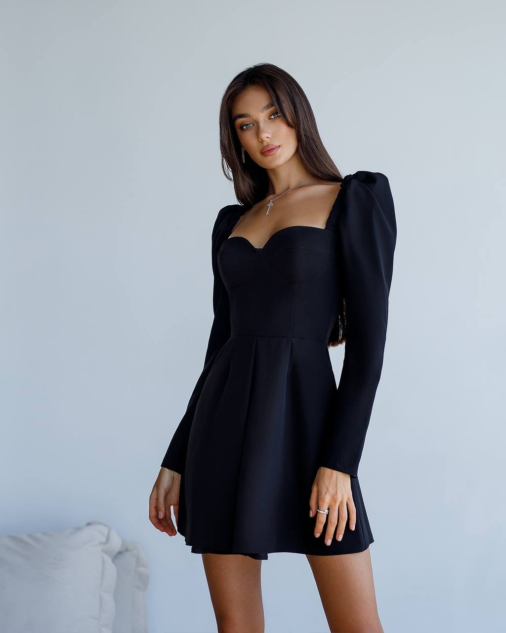 Elegant Mini Dress for Women in Premium Crepe-Diagonal Fabric with Silk Inserts
