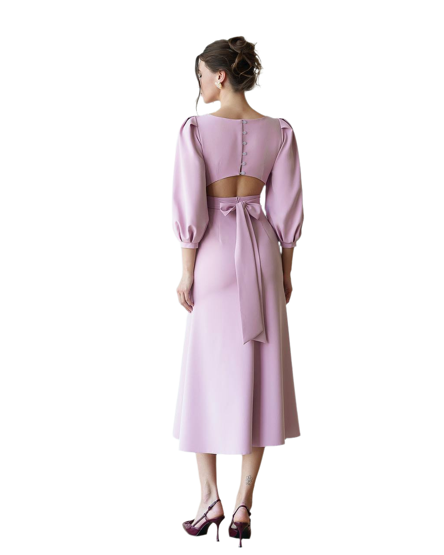 Elegant Powder Pink Midi Dress for Women with Open Back and Puff Sleeves