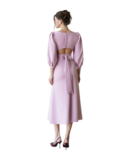 Elegant Powder Pink Midi Dress for Women with Open Back and Puff Sleeves