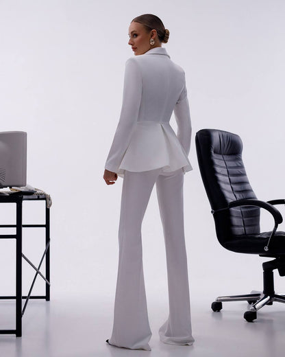 Elegant Premium Diagonal Crepe Women's Suit in White with Peplum Jacket and Flared Pants