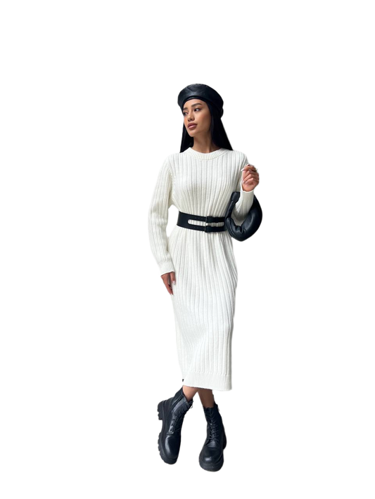 Seamless Knitted White Midi Dress for Women
