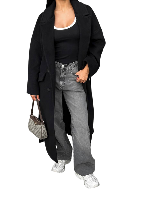 Womens Elegant Black Long Coat YULIANA 02 with Button Fastening