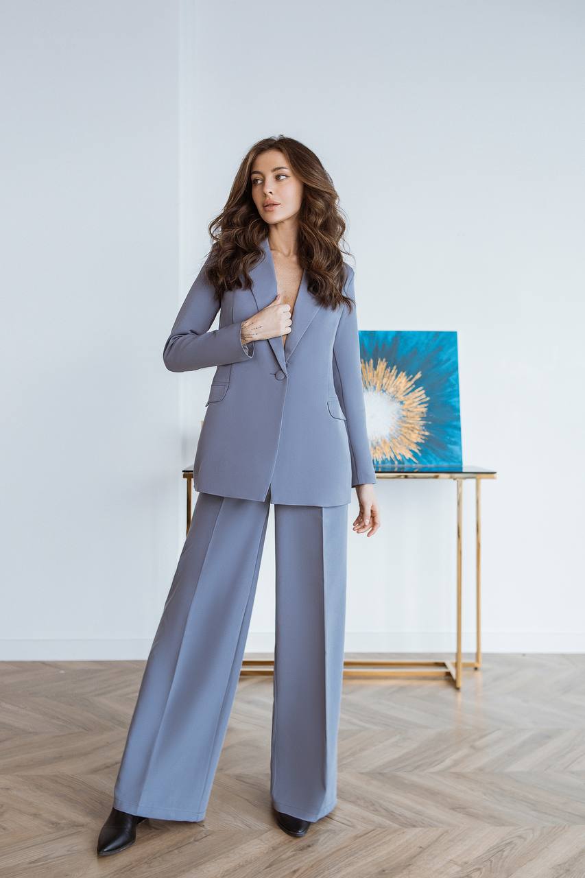 Gray Palazzo Suit Women Diagonal Crepe Tailored Blazer and Wide Leg Trousers