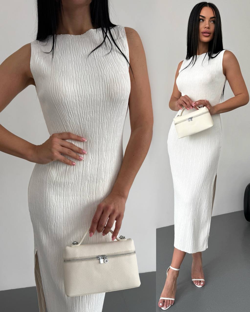 Woman in a white dress holding a matching handbag against a plain background