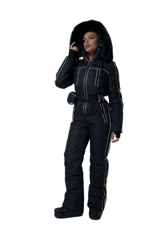 Winter Womens Jumpsuit Black Water Repellent Insulated Ski Suit Sporty Striped