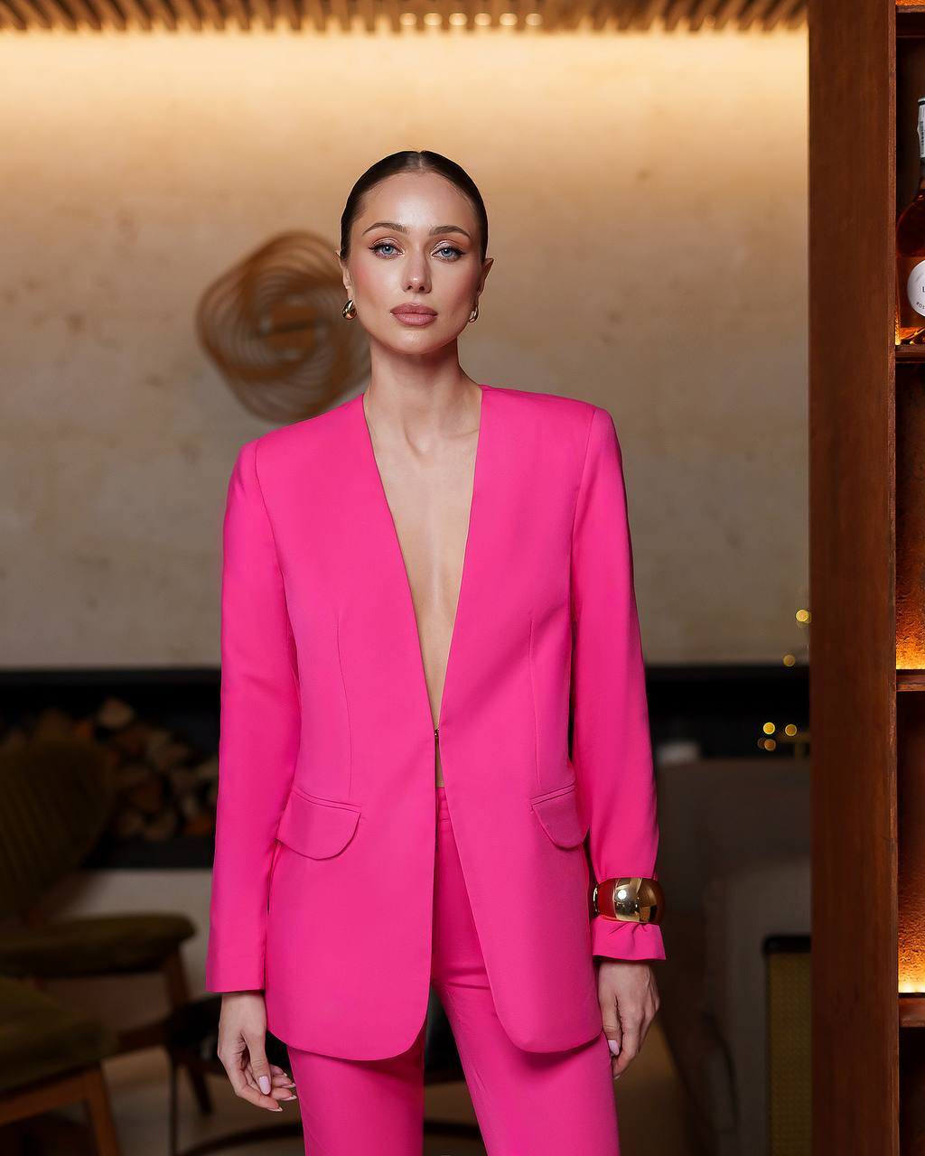 Womens Collarless Suit Jacket with Matching Pants in Raspberry