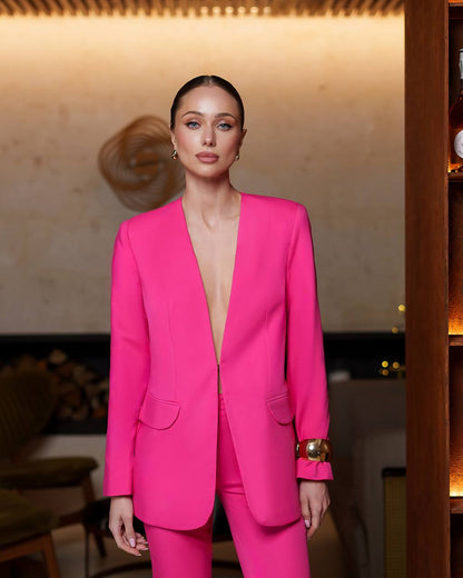 Womens Collarless Suit Jacket with Matching Pants in Raspberry