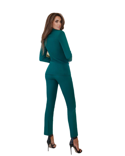 Woman wearing a teal suit on a white background