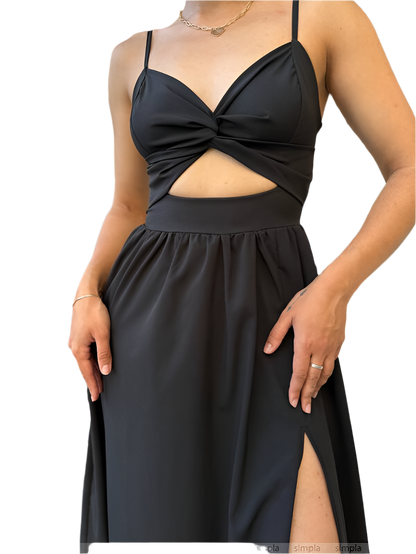 Elegant Black Soft Fabric Midi Dress with Side Slit and Cutout