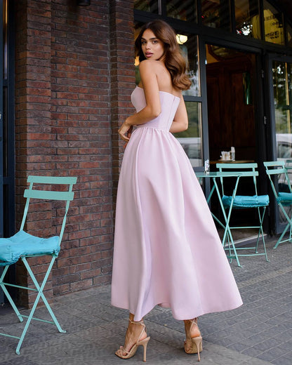 Strapless Midi Dress Women Premium Crepe Fabric Elegant Cocktail Dress