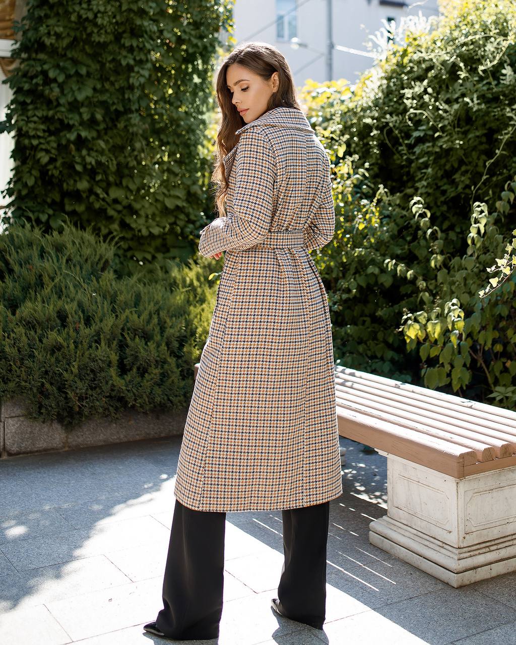 Womens Turkish Fabric Houndstooth Pattern Long Coat with Belt
