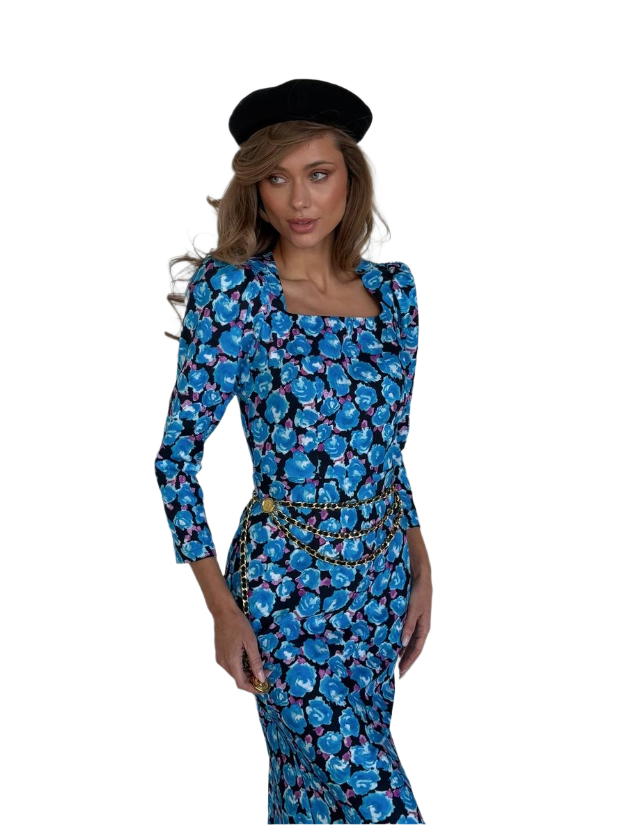 Lunaria Blue Floral Crepe Dress for Women with Square Neckline and Puff Sleeves