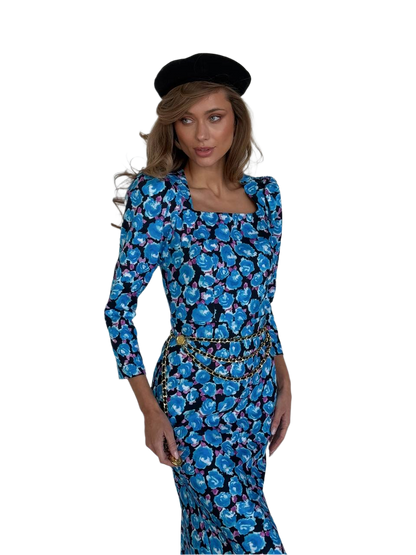 Lunaria Blue Floral Crepe Dress for Women with Square Neckline and Puff Sleeves
