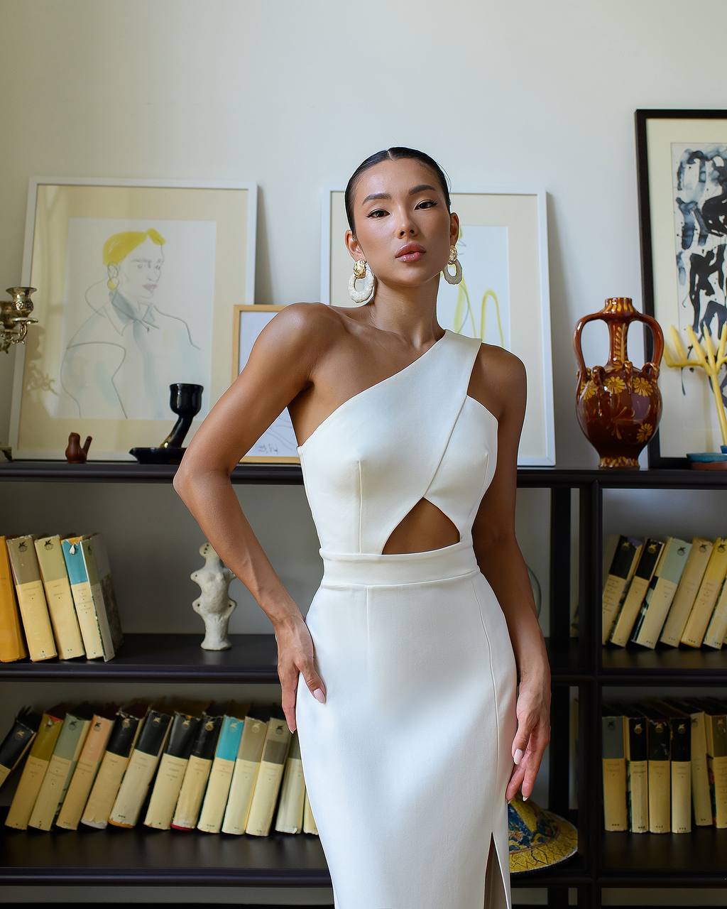 Womens One Shoulder Cutout Bandage Dress in Milk White