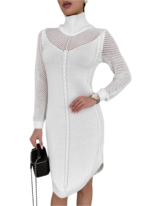 Womens White Knit Turtleneck Dress Long Sleeve Casual