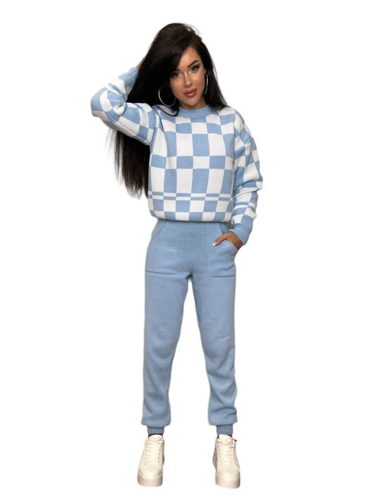 Knitted Suit in Plaid Pattern for Women Light Blue and White