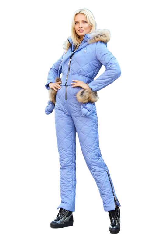 Winter Women's Quilted Ski Jumpsuit with Natural Raccoon Fur and Siliconized Insulation