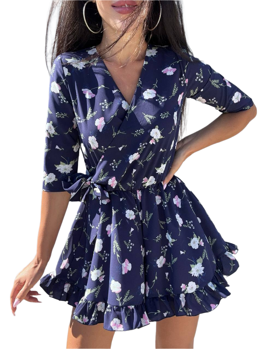 Womens Floral Wrap Breeze Jumpsuit with Ruffles and Tie Waist