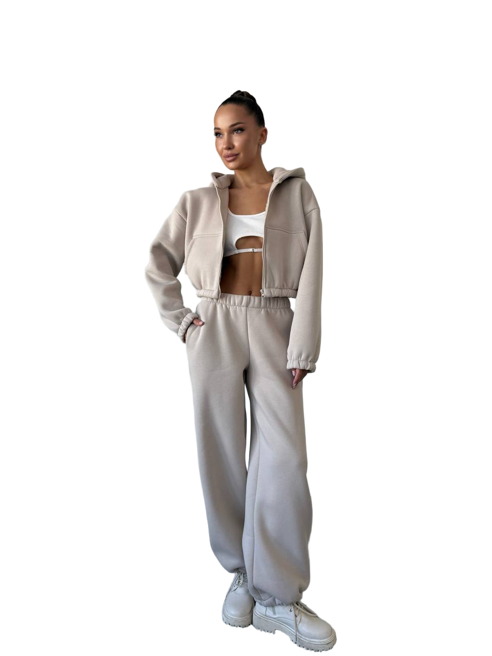 Beige Insulated Fleece Tracksuit Women Autumn Winter Hooded Two Piece Set