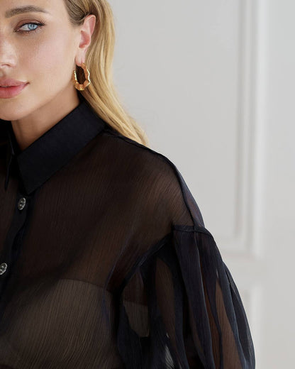 Elegant Women's Sheer Organza Blouse with Pleated Black and Smooth Milk Bases